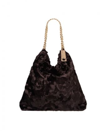 La Milanesa borsa a sacchetto donna in eco-pelliccia effetto astrakan marrone con catena dorata