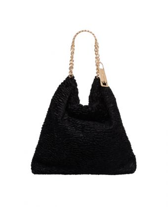 La Milanesa borsa a sacchetto donna in eco-pelliccia effetto astrakan marrone con catena dorata