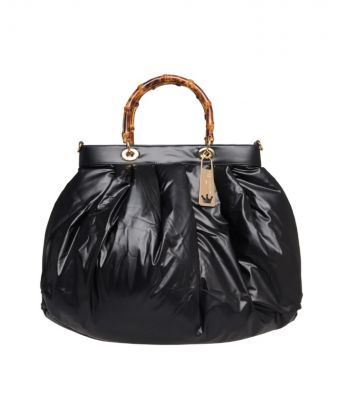 La Milanesa borsa shopper donna in nylon nera effetto lucido con manici in bamboo naturale