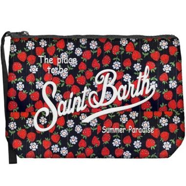 Saint barth pochette in tessuto fragole e fiori scritta ricamata