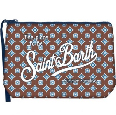 Saint barth pochette in scuba fondo marrone + fantasia azzurra