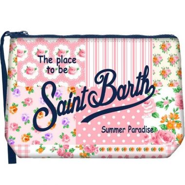 Saint barth pochette in scuba fantasia multi rosa con fiori e pois