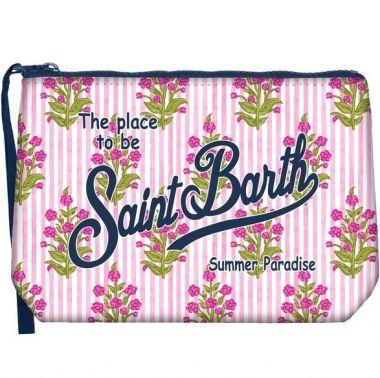 Saint barth pochette in scuba righe vericali bianco rosa con fiori
