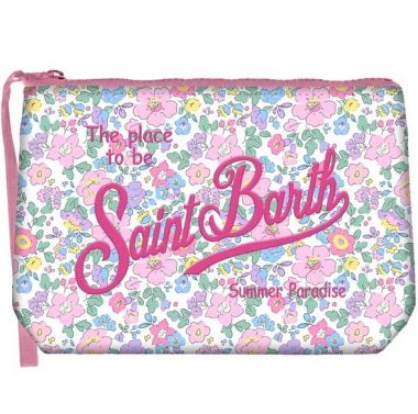 Saint barth pochette in scuba fondo bianco fiori multi