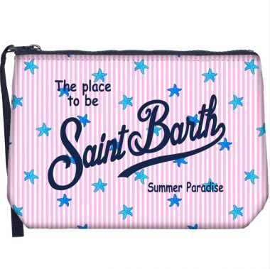Saint barth pochette in scuba righe verticali bianco rosa con stelle marine