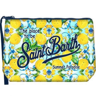 Saint barth pochette in scuba fondo azzurro + gelsomino e limoni