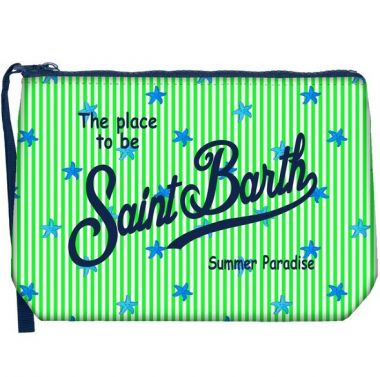 Saint barth pochette in scuba fantasia righe verticale bianco verde stelle marine