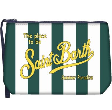 Saint barth pochette in scuba righe verticale bianco verde scritta gialla
