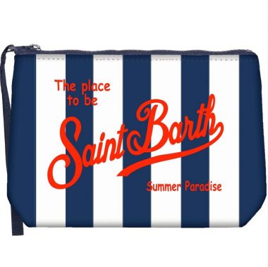 Saint barth pochette in scuba righe verticali bianco/blu scritta st barth rossa