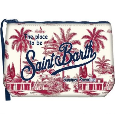 Saint barth pochette in scuba fondo bianco + paesaggio con palme bordeaux