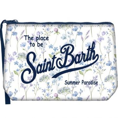 Saint barth pochette in scuba fondo bianco fiori blu
