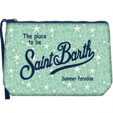 Saint barth pochette in scuba fantasia acquamarina con stelle marine bianche
