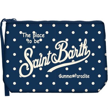 Saint barth pochette in scuba fantasia blu bianca pois