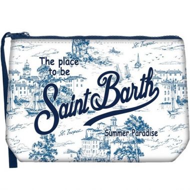 Saint barth pochette in scuba fondo bianco paesaggio blu