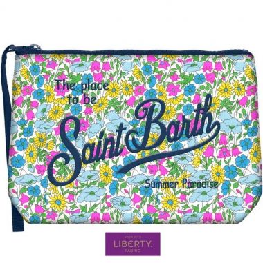 Saint barth pochette in scuba fondo bianco fiori multi fluo