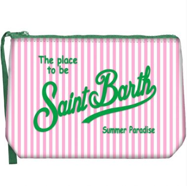 Saint barth pochette in scuba righe verticali biaco rosa scritta verde