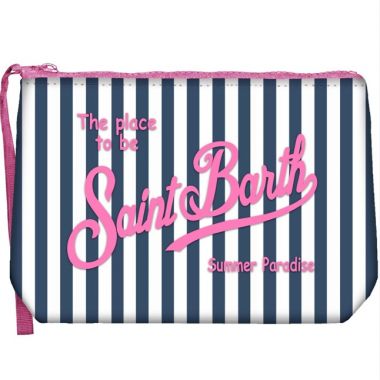 Saint barth pochette in scuba righe verticali bianco blu scritta rosa