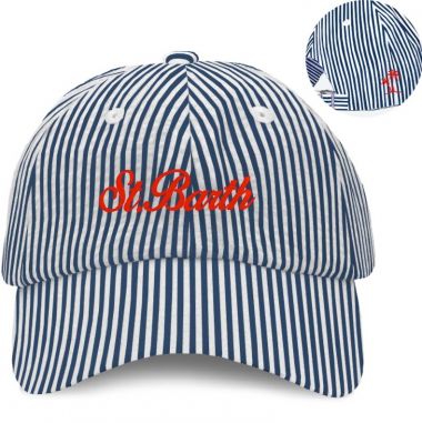 Saint barth cappello con visiera righe bianco blu + scritta st barth centrale rossa