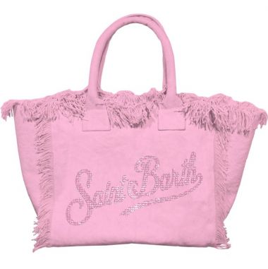 Saint barth borsa media in canvas rosa scritta strass