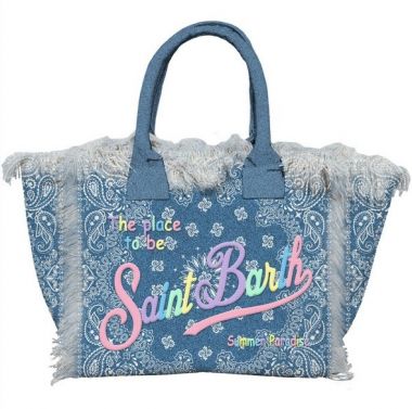 Saint barth borsa in canvas fantasia bandana blue scritta ricamata multi color pastel