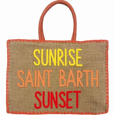 Saint barth borsa in rafia con ricami arancioni e giallo