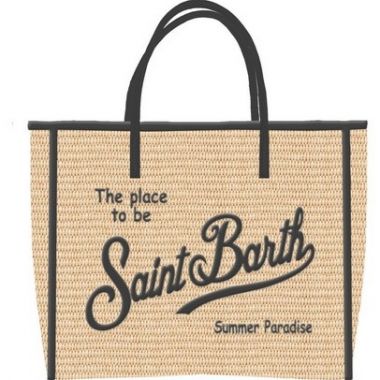 Saint barth mini tracolla rafia natural inserti ecopelle nera